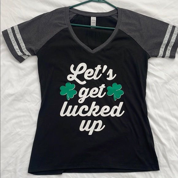 Tops - Black and Gray St Paddy’s St Patrick’s Tee “Let’s get lucked up” green shamrocks